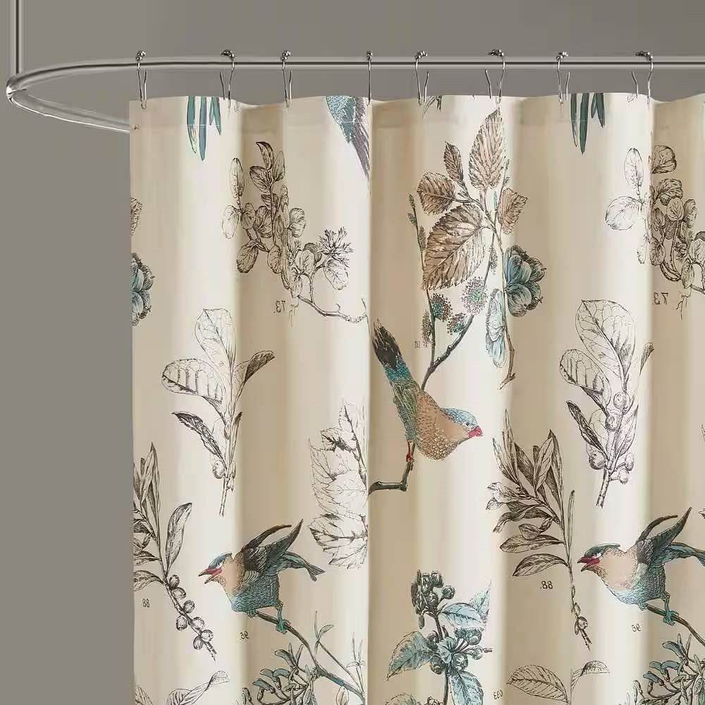 72-inch Beige Khaki Cotton Shower Curtain with Vintage Birds Leaf Floral Print - Loft&Timber