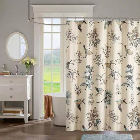 72-inch Beige Khaki Cotton Shower Curtain with Vintage Birds Leaf Floral Print - Loft&Timber