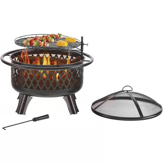 30-inch Black Steel Outdoor Fire Pit Grill with Screen and Poker - Loft&Timber