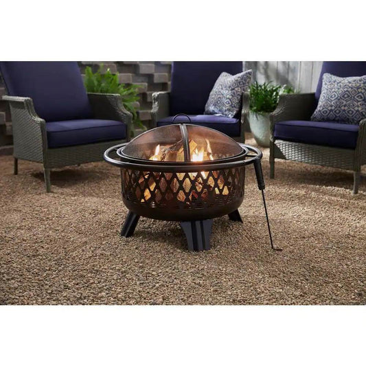 30-inch Black Steel Outdoor Fire Pit Grill with Screen and Poker - Loft&Timber