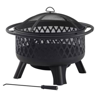 30-inch Black Steel Outdoor Fire Pit Grill with Screen and Poker - Loft&Timber