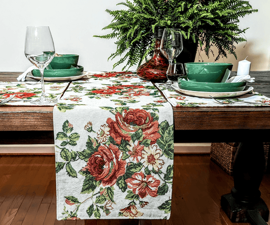 Tache Sweet Roses Vintage Ivory Woven Floral Tapestry Table Runners (17593TR)-0