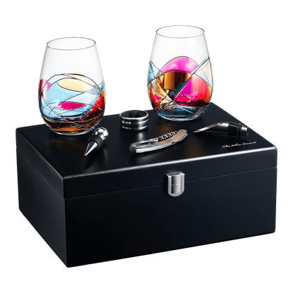 Painted STEMMLESS Wine Glass Box Set - Opener, Stopper, drip Ring, Wine Pourer - 2 Glasses - Loft&Timber