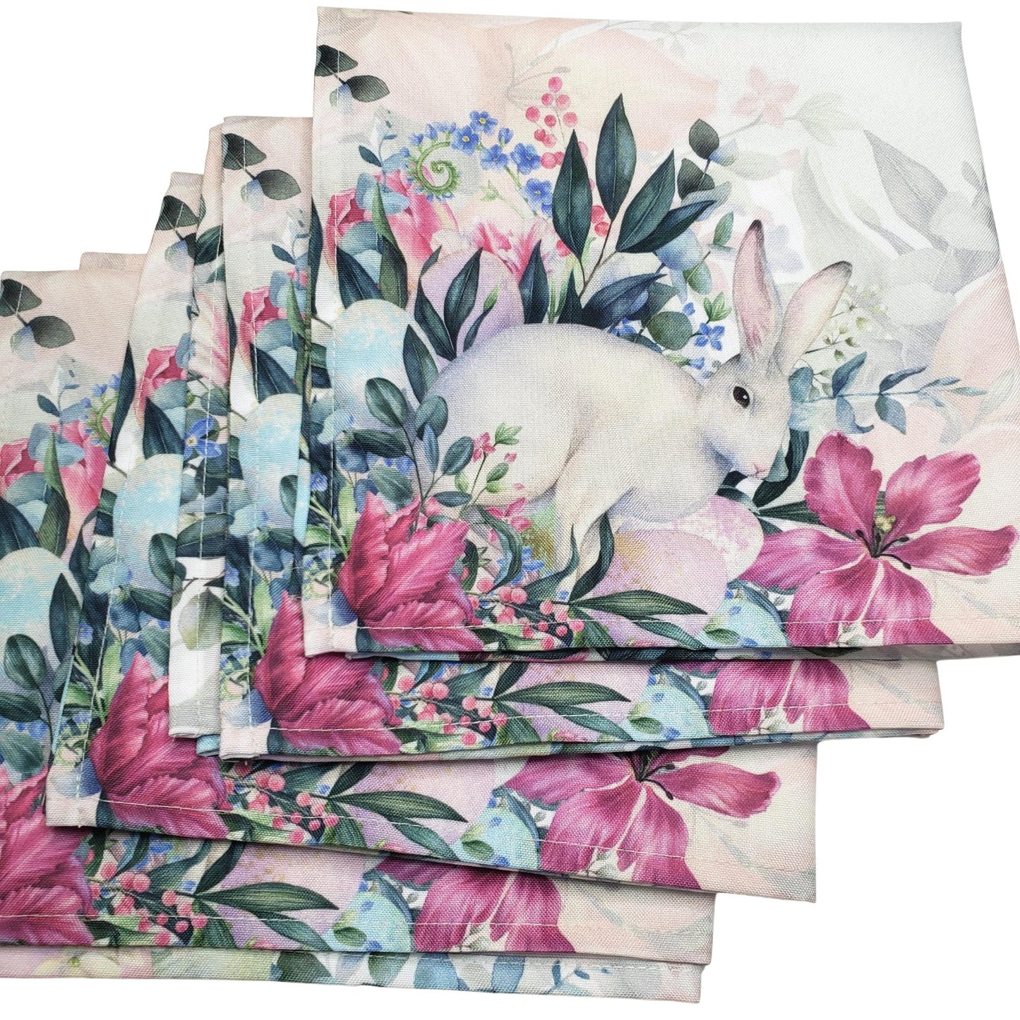 Charlo's Easter Synthetic Cloth Napkins Bunny and Birds Reusable Durable 16" x 16" - Loft&Timber