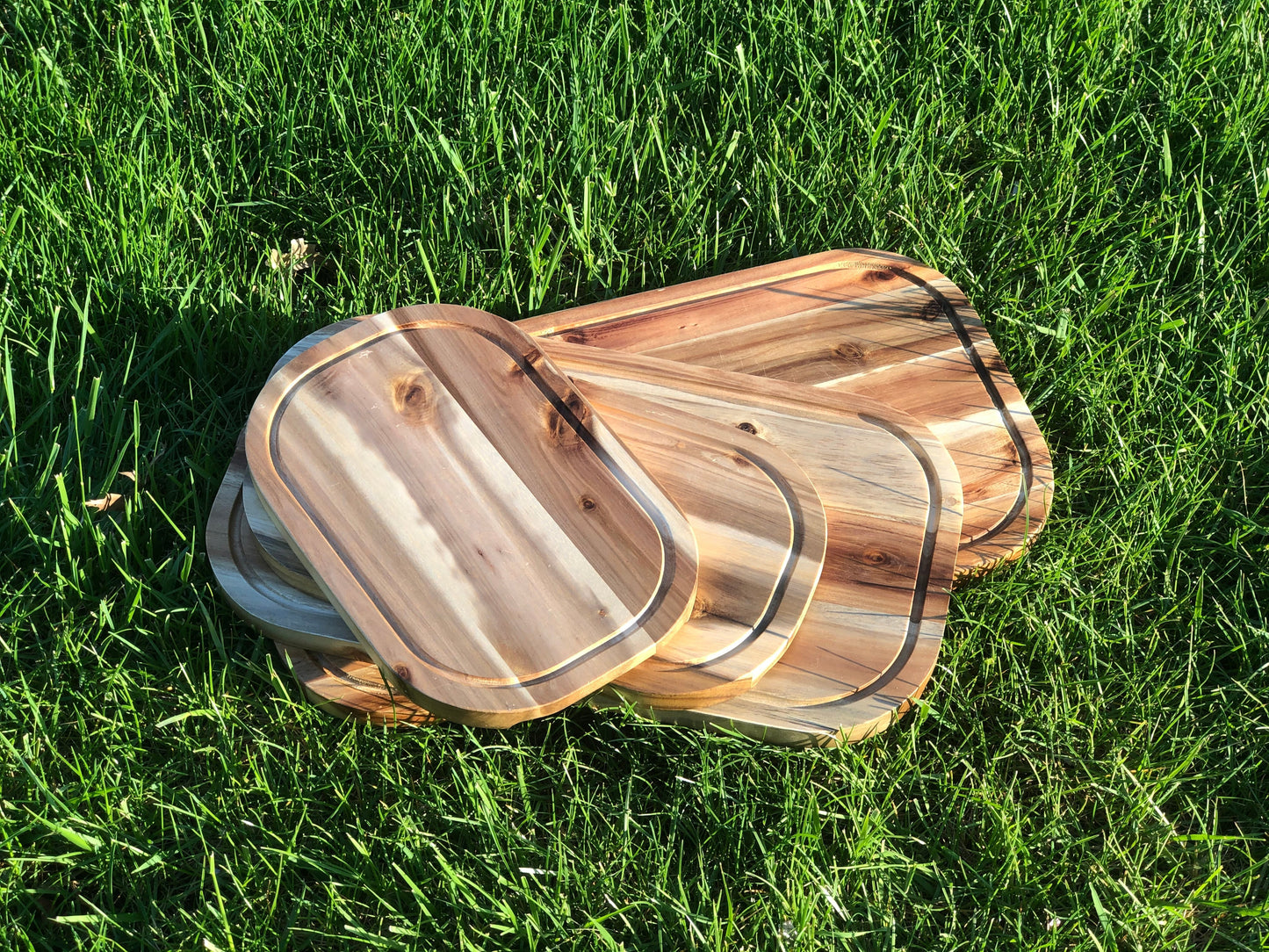 [ Set of 3 ] Zavis Green Acacia Wood Serving Rounded Cutting Board With Juice Groove 12" X 8" | Dishwasher Safe - Loft&Timber
