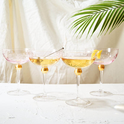 Colored Coupe Art Deco Glasses, Gold | Set of 4 | 8 oz Classic Cocktail Glassware for Champagne, Martini, Manhattan, Sidecar, Crystal Speakeasy Style Goblets Stems (Pink) - Loft&Timber