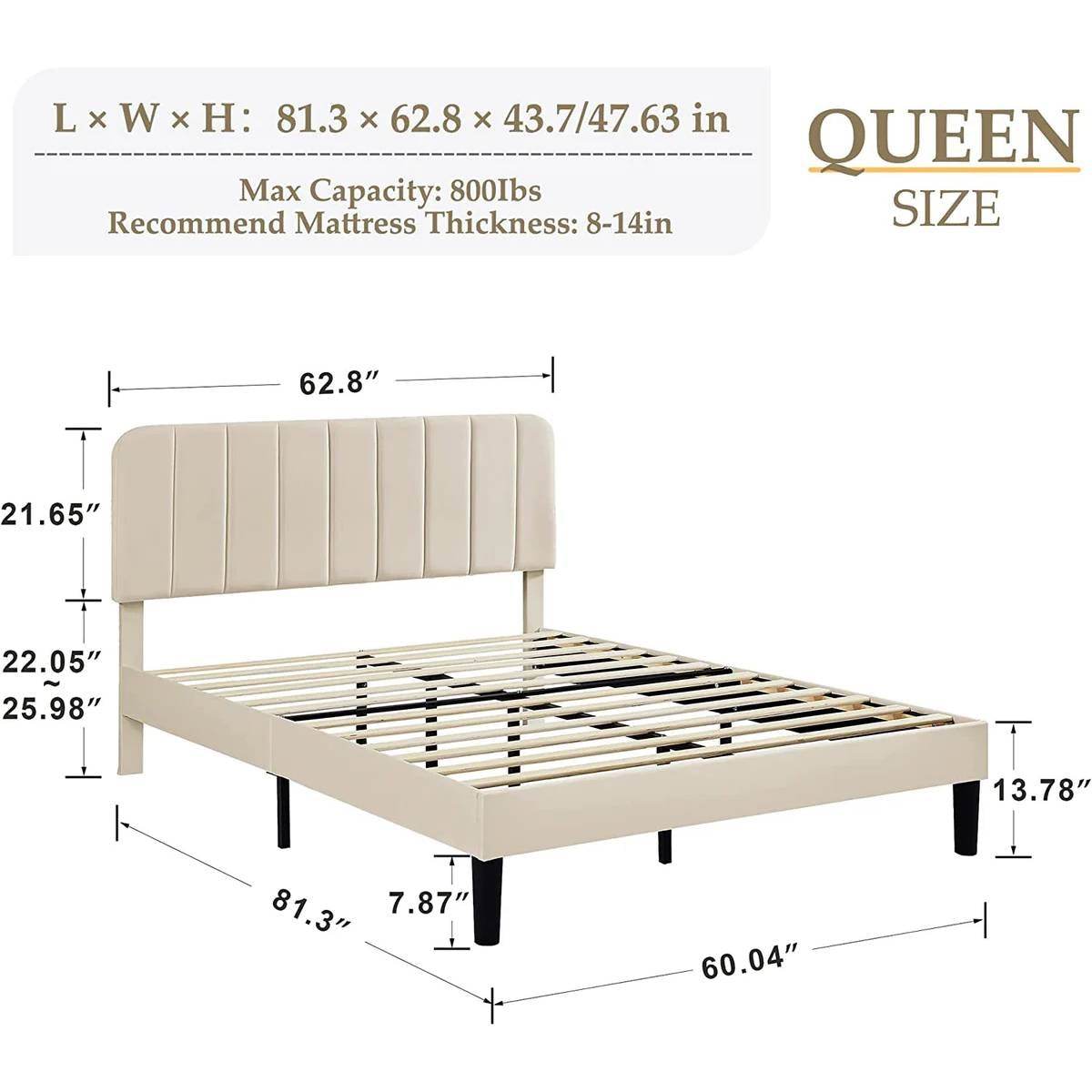 Queen size Beige Upholstered Platform Bed Frame with Headboard - Loft&Timber
