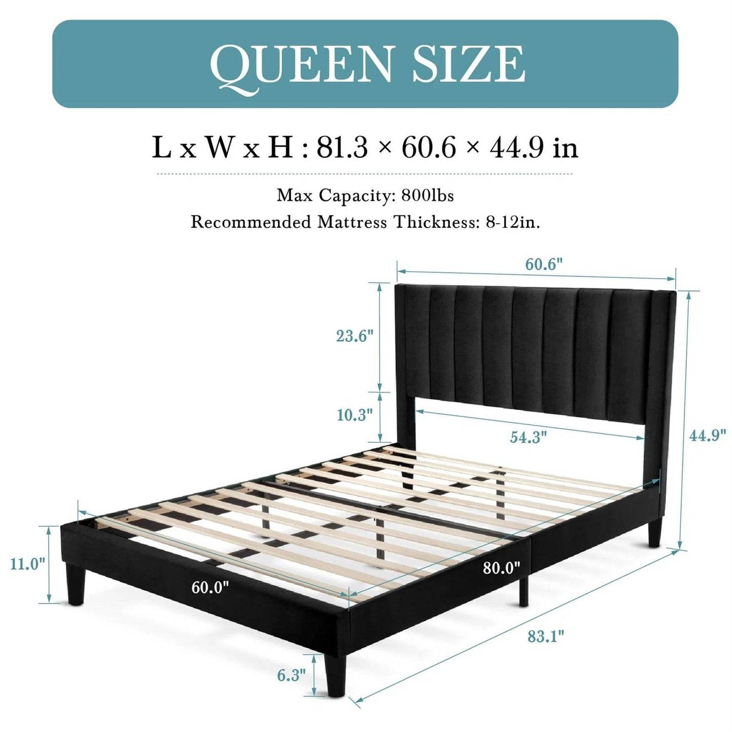 Queen size Modern Black Velvet Upholstered Platform Bed with Headboard - Loft&Timber