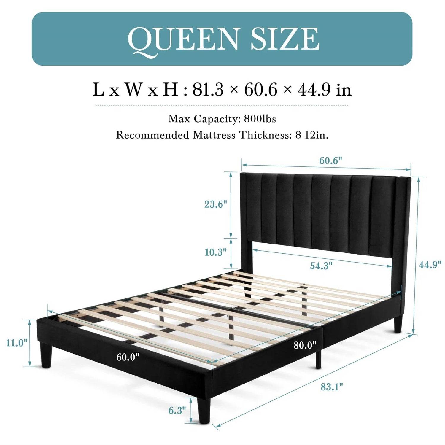 Queen size Modern Black Velvet Upholstered Platform Bed with Headboard - Loft&Timber