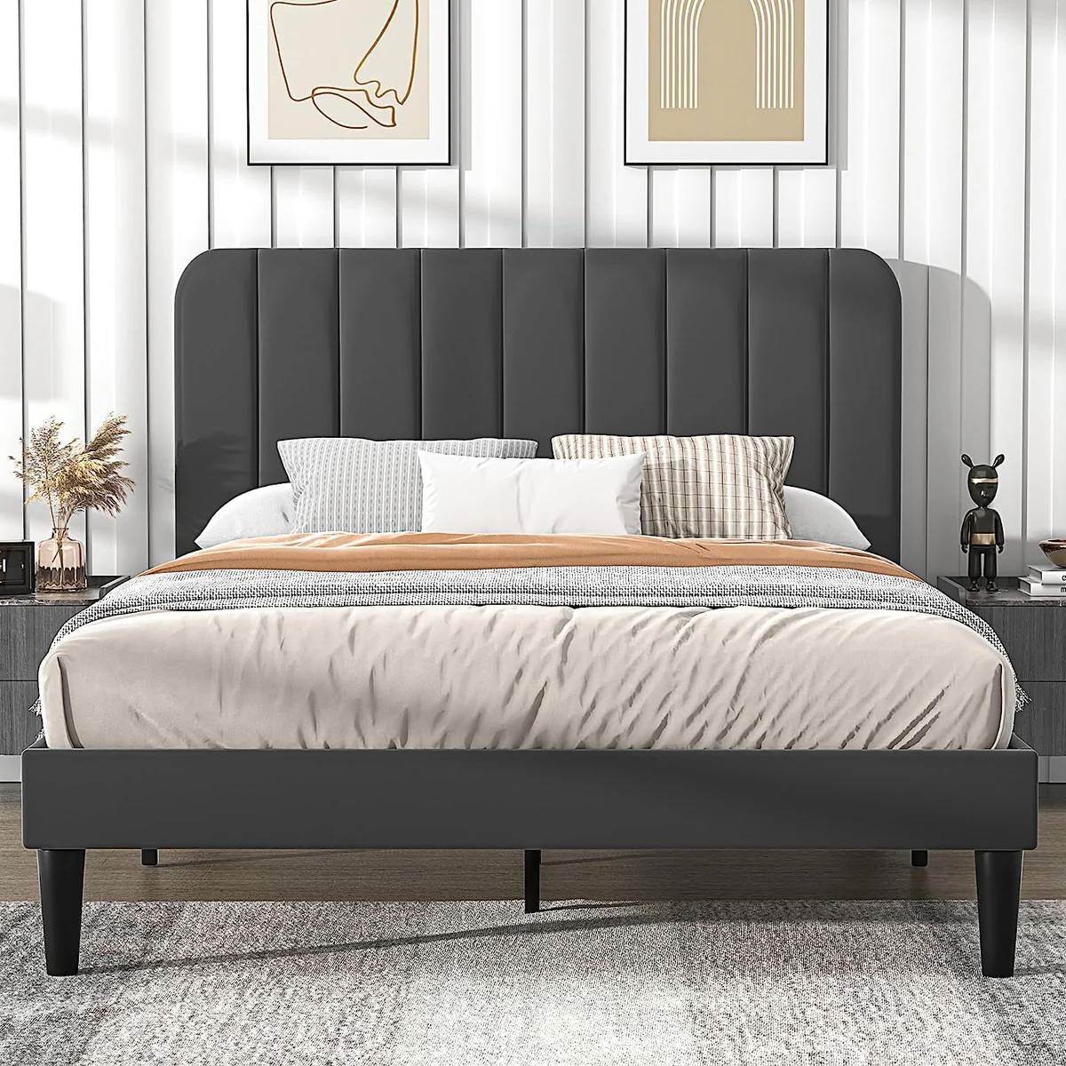 Queen size Dark Grey Upholstered Platform Bed Frame with Headboard - Loft&Timber