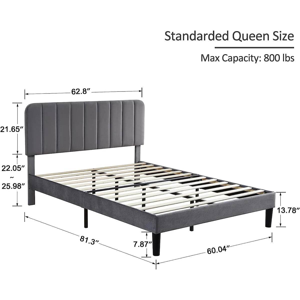 Queen size Dark Grey Upholstered Platform Bed Frame with Headboard - Loft&Timber