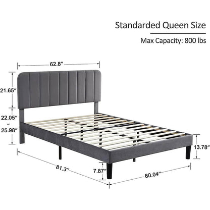 Queen size Dark Grey Upholstered Platform Bed Frame with Headboard - Loft&Timber