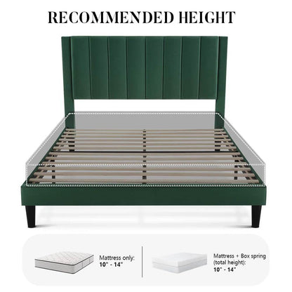 Queen size Green Velvet Upholstered Platform Bed Frame with Headboard - Loft&Timber