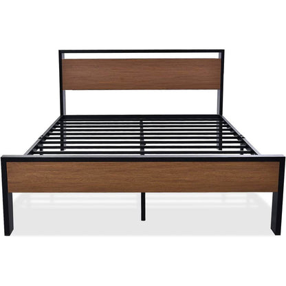 Queen Metal Platform Bed with Walnut Finish Wood Panel Headboard Footboard - Loft&Timber