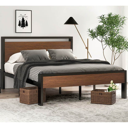 Queen Metal Platform Bed with Walnut Finish Wood Panel Headboard Footboard - Loft&Timber