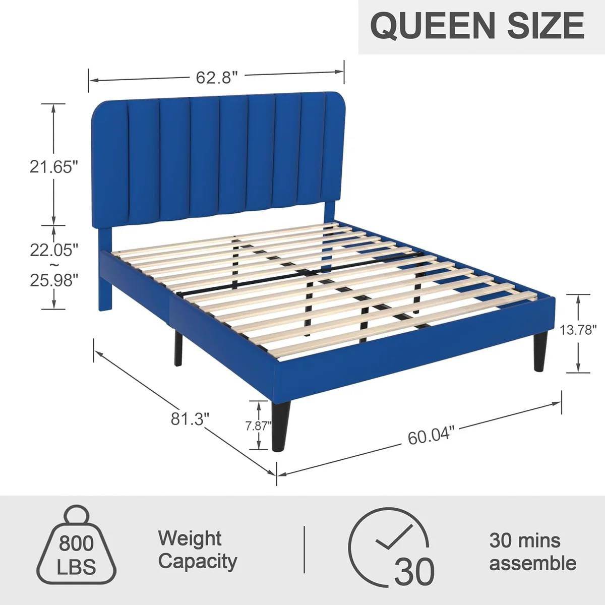 Queen size Blue Upholstered Platform Bed Frame with Headboard - Loft&Timber