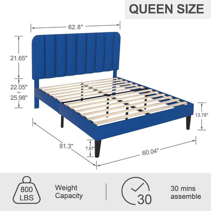 Queen size Blue Upholstered Platform Bed Frame with Headboard - Loft&Timber