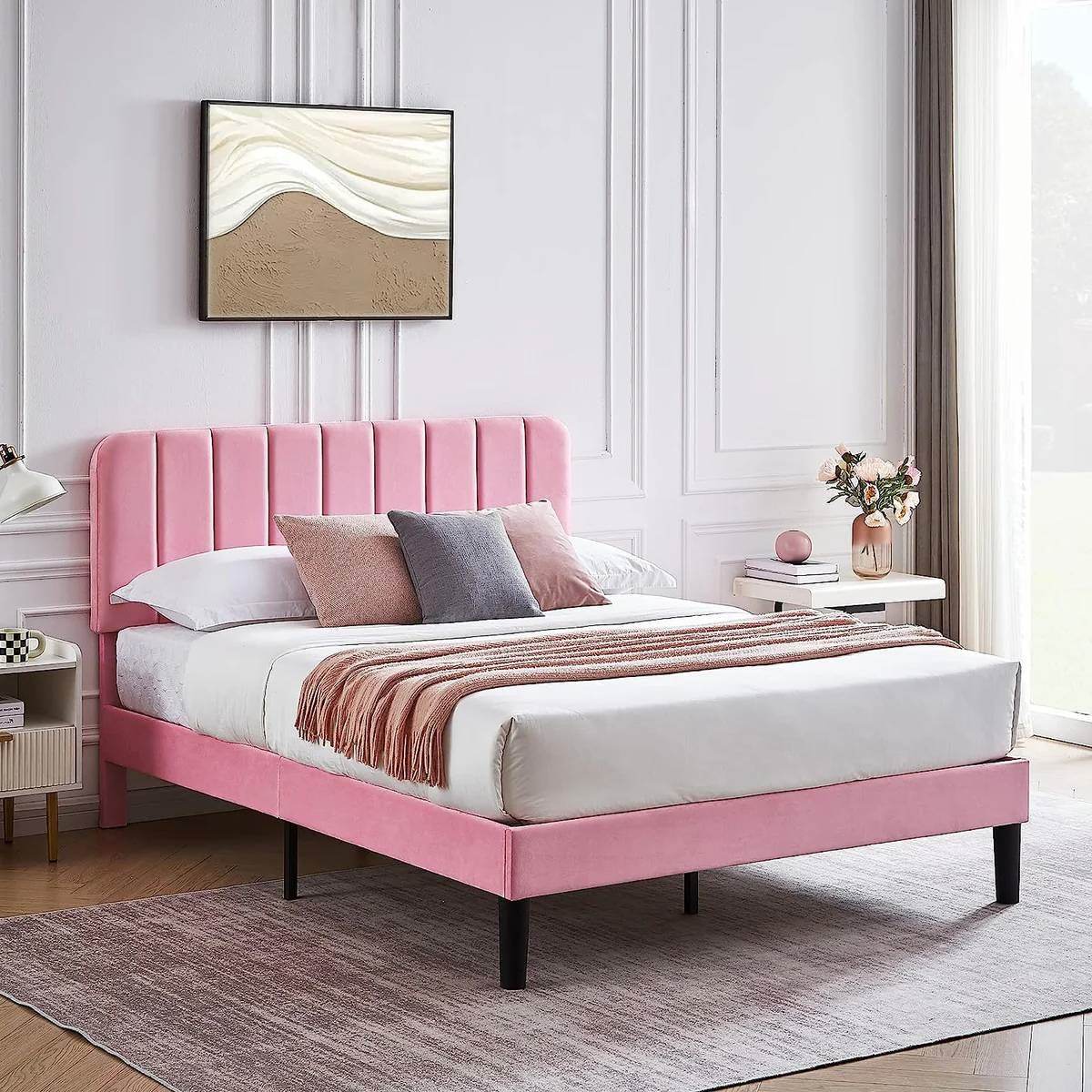Queen size Pink Upholstered Platform Bed Frame with Headboard - Loft&Timber