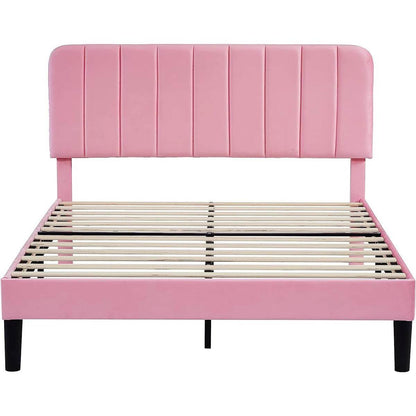 Queen size Pink Upholstered Platform Bed Frame with Headboard - Loft&Timber