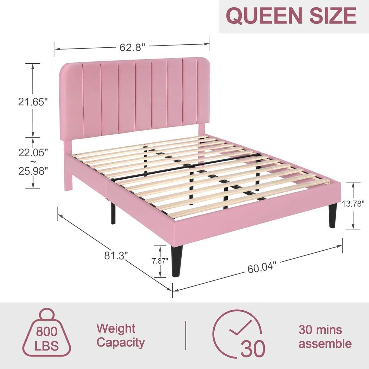 Queen size Pink Upholstered Platform Bed Frame with Headboard - Loft&Timber