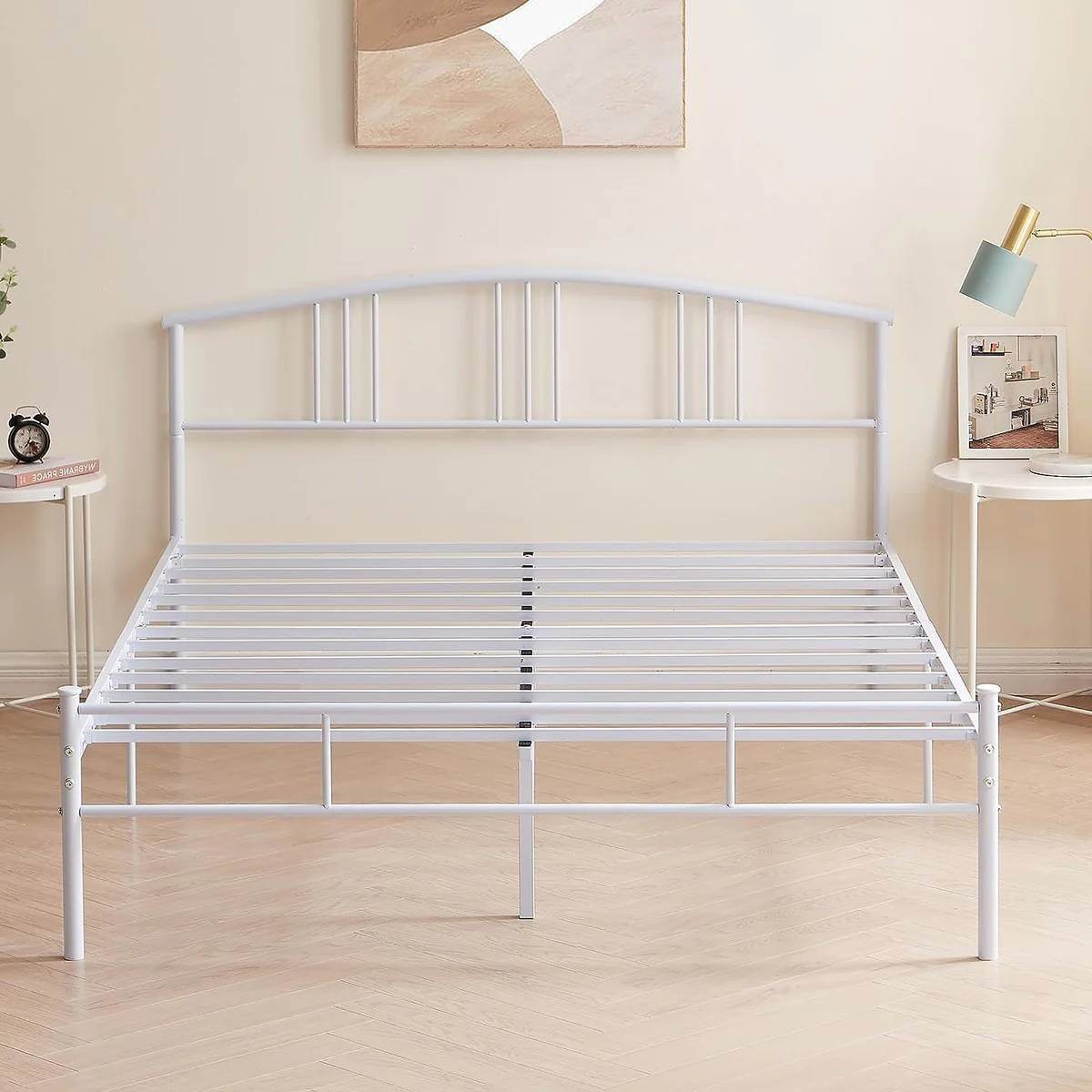 Queen size White Metal Platform Bed Frame with Arched Headboard - Loft&Timber