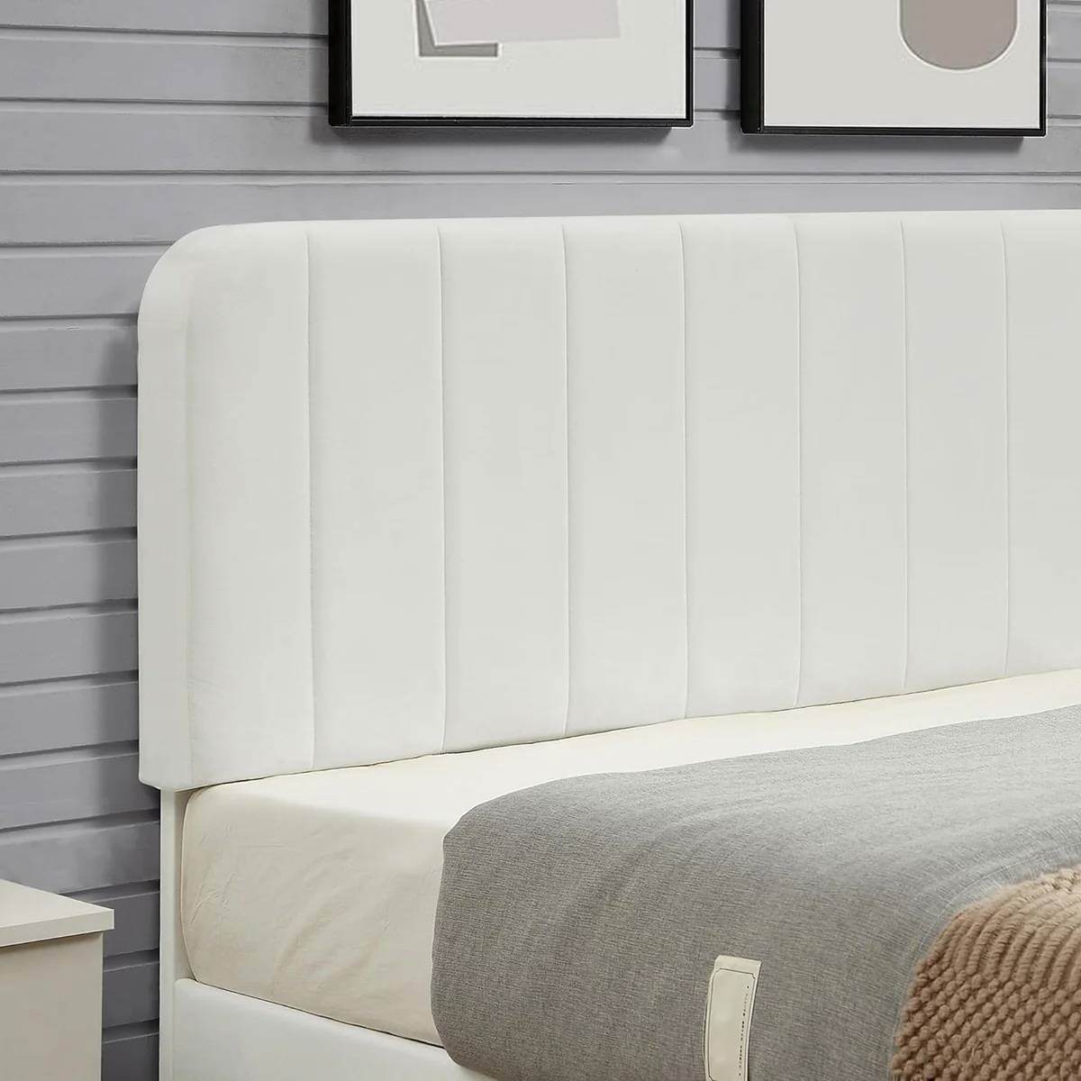 Queen size White Upholstered Platform Bed Frame with Headboard - Loft&Timber