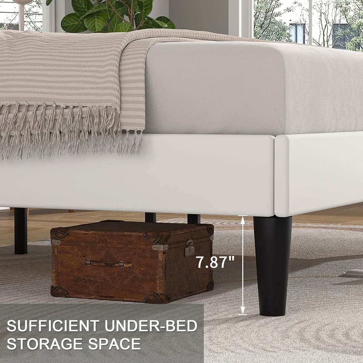 Queen size White Upholstered Platform Bed Frame with Headboard - Loft&Timber