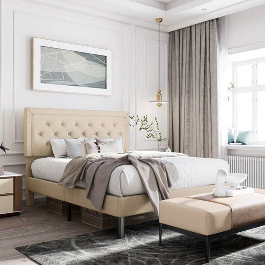 Queen Adjustable Height Platform Bed Frame with Beige Upholstered Headboard - Loft&Timber