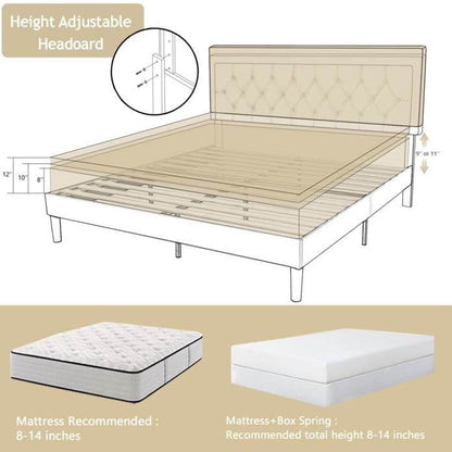 Queen Adjustable Height Platform Bed Frame with Beige Upholstered Headboard - Loft&Timber