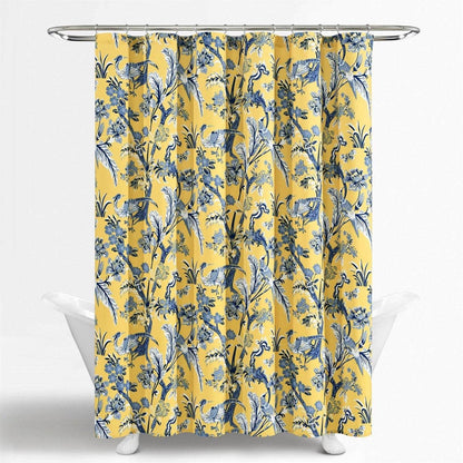 72-inch Yellow Navy Blue White Exotic Birds Floral Polyester Shower Curtain - Loft&Timber