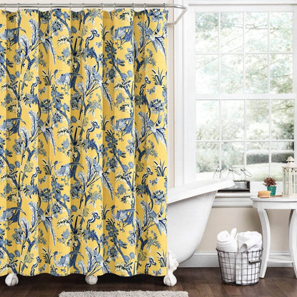 72-inch Yellow Navy Blue White Exotic Birds Floral Polyester Shower Curtain - Loft&Timber