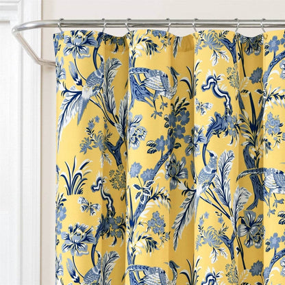 72-inch Yellow Navy Blue White Exotic Birds Floral Polyester Shower Curtain - Loft&Timber