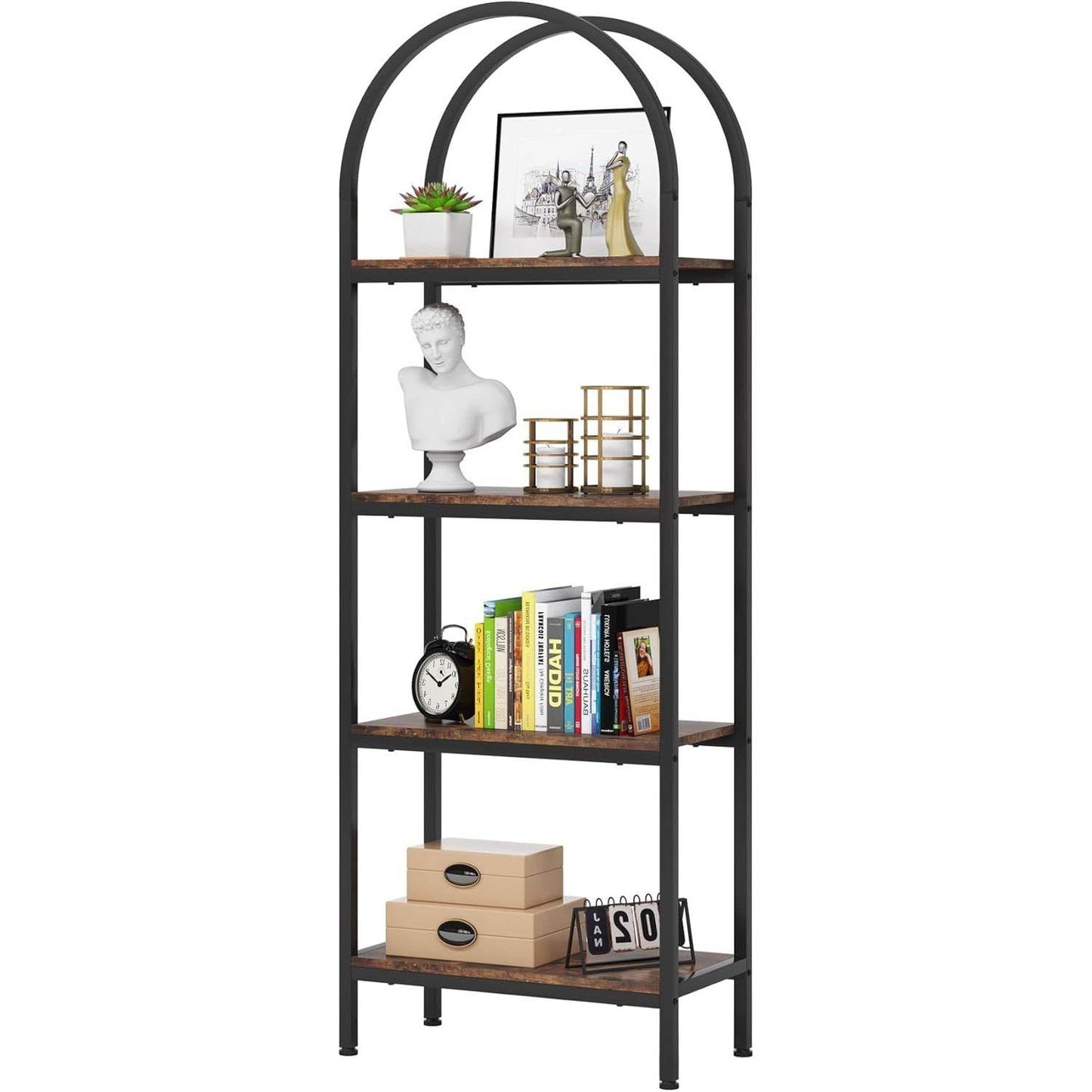 Modern Industrial Metal Wood Display Rack Bookcase with 4 Storage Shelves - Loft&Timber