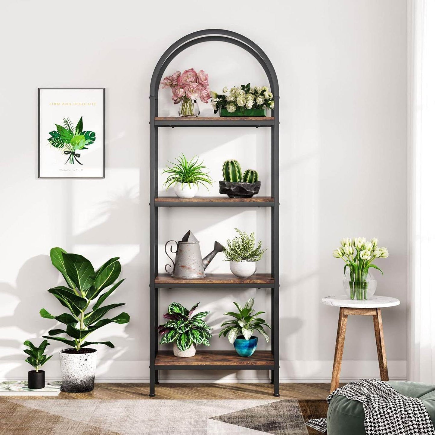 Modern Industrial Metal Wood Display Rack Bookcase with 4 Storage Shelves - Loft&Timber