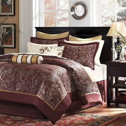 King 12 Piece Cotton Polyester Comforter Set Red Gold Paisley - Loft&Timber