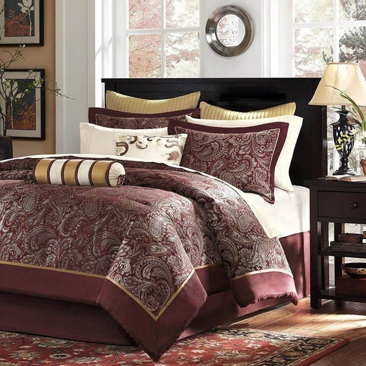 King 12 Piece Cotton Polyester Comforter Set Red Gold Paisley - Loft&Timber