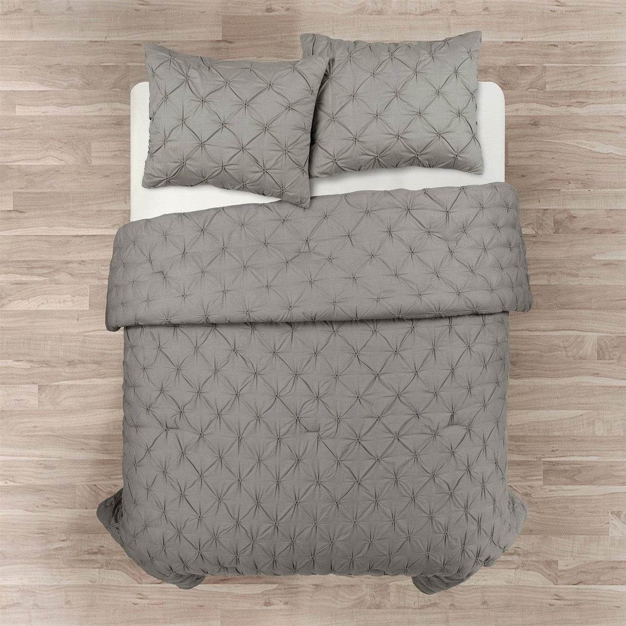 King Size Soft Pleated Grey Cotton 3 Piece Comforter Set - Loft&Timber