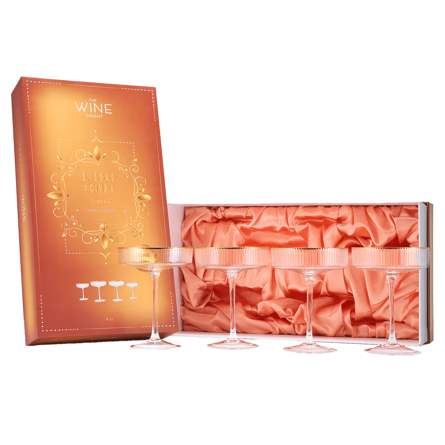 Ribbed Coupe Cocktail Glasses With Gold Rim 8 oz | Set of 4 | Classic Manhattan Glasses For Cocktails, Champagne Coupe, Ripple Coupe Glasses, Art Deco Gatsby Vintage, Crystal with Stems - Loft&Timber