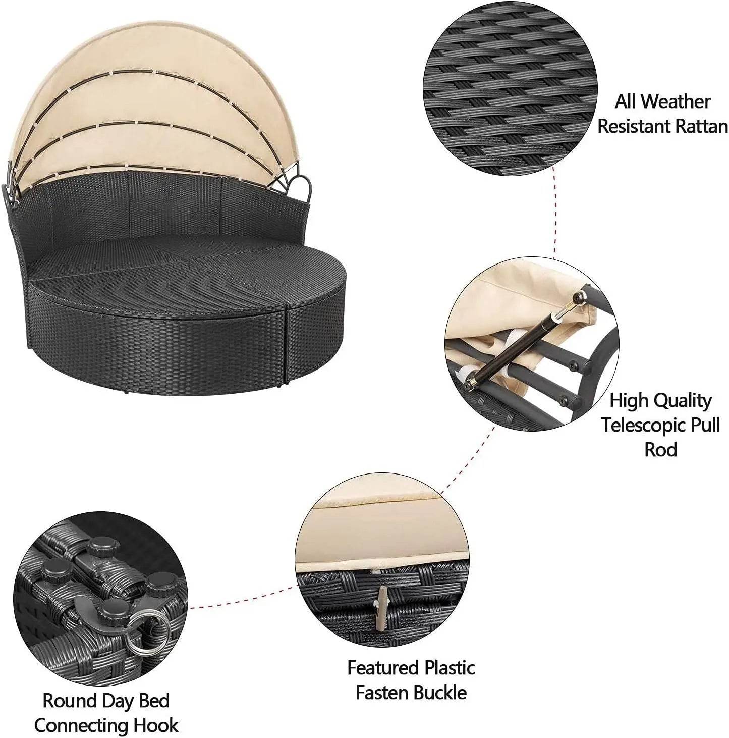 Patio Outdoor Daybed with Retractable Canopy Rattan Wicker Seating - Loft&Timber