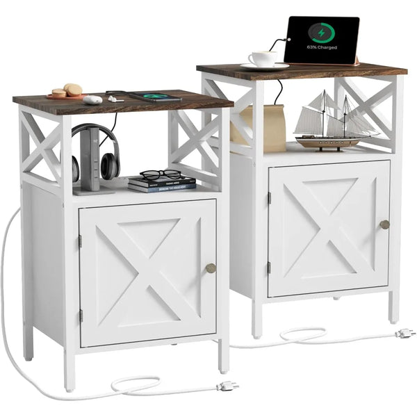 End Table Set of 2 with Charging Station, Side Table with Power Outlet & USB Ports, Nightstand with 2 Tiers Storage Space and St