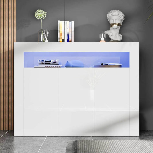 High Glossy Sideboard Modern White Buffet Cabinet with LED Lights - Loft&Timber