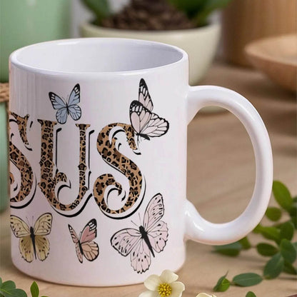 The Word Jesus Surrounded By Butterflies And Leopard Print Ceramic Coffee Mug Bible Verse Cup, 330ml Drinkware - Loft&Timber