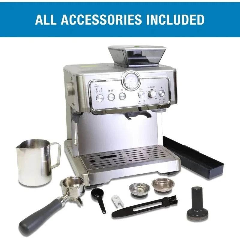 Machine - Semi Automatic Coffee Maker With Auto Tamper, Auto Cleaning, Milk Steamer & Frother, & Bean Grinder - Loft&Timber