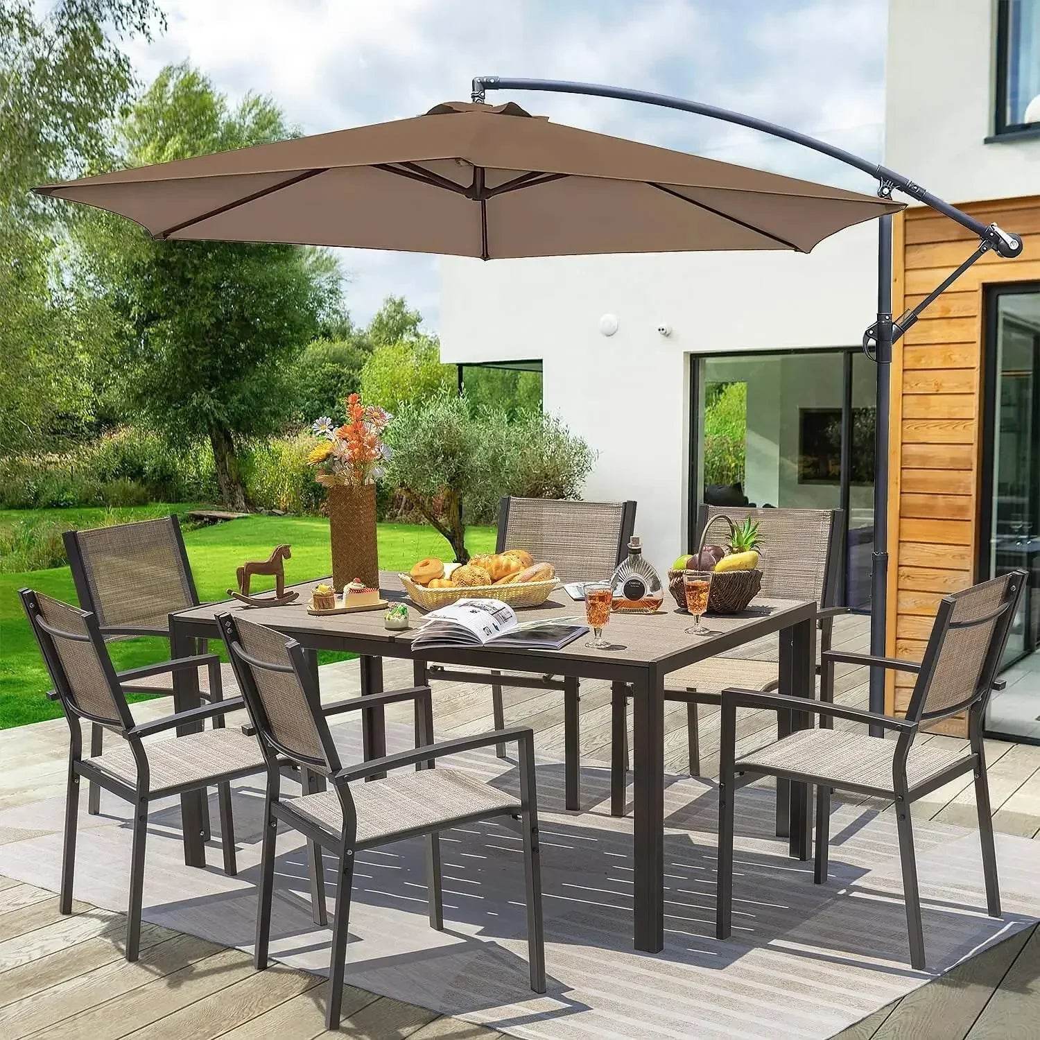 Patio Dining Set 7 Pieces Outdoor Furniture with Large Table and 6 Textilene Chairs - Loft&Timber