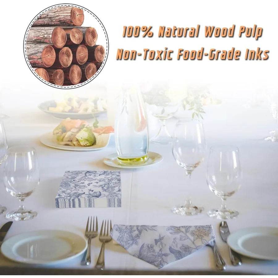 60 Pack Blue Floral Paper napkins Decorative and Disposable - Loft&Timber