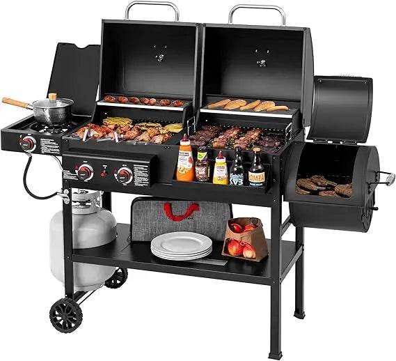 2-Burner Gas and Charcoal Combo Grill with Offset Smoker & Side Burner, 34,000 BTU Dual Fuel Grill, 1020 Sq. In. Cooking Area, I - Loft&Timber