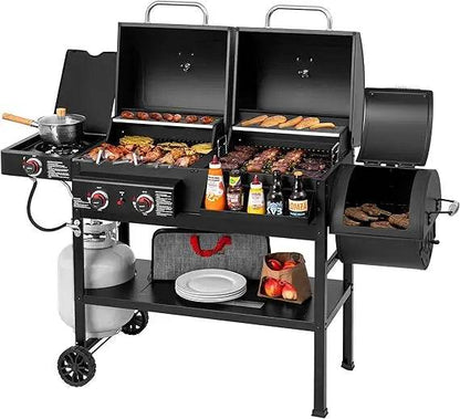 2-Burner Gas and Charcoal Combo Grill with Offset Smoker & Side Burner, 34,000 BTU Dual Fuel Grill, 1020 Sq. In. Cooking Area, I - Loft&Timber