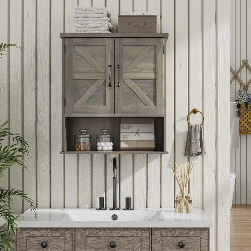 Farmhouse Style Wall-Mounted Bathroom Cabinet with Adjustable Shelves and Barn Door Design - Loft&Timber