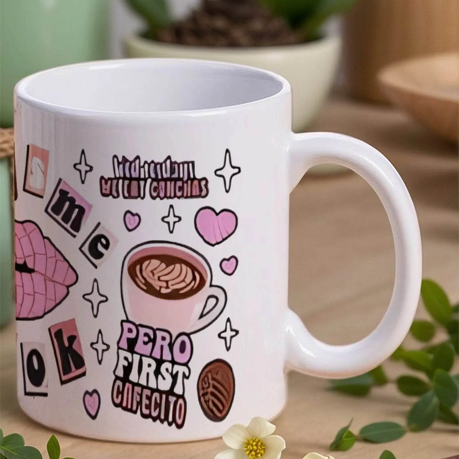 A Sticker With A Cup Of Coffee, French Fries And A Kiss On It Ceramic Mug, 330ml Coffee Cup - Loft&Timber