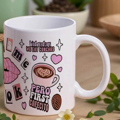 A Sticker With A Cup Of Coffee, French Fries And A Kiss On It Ceramic Mug, 330ml Coffee Cup - Loft&Timber